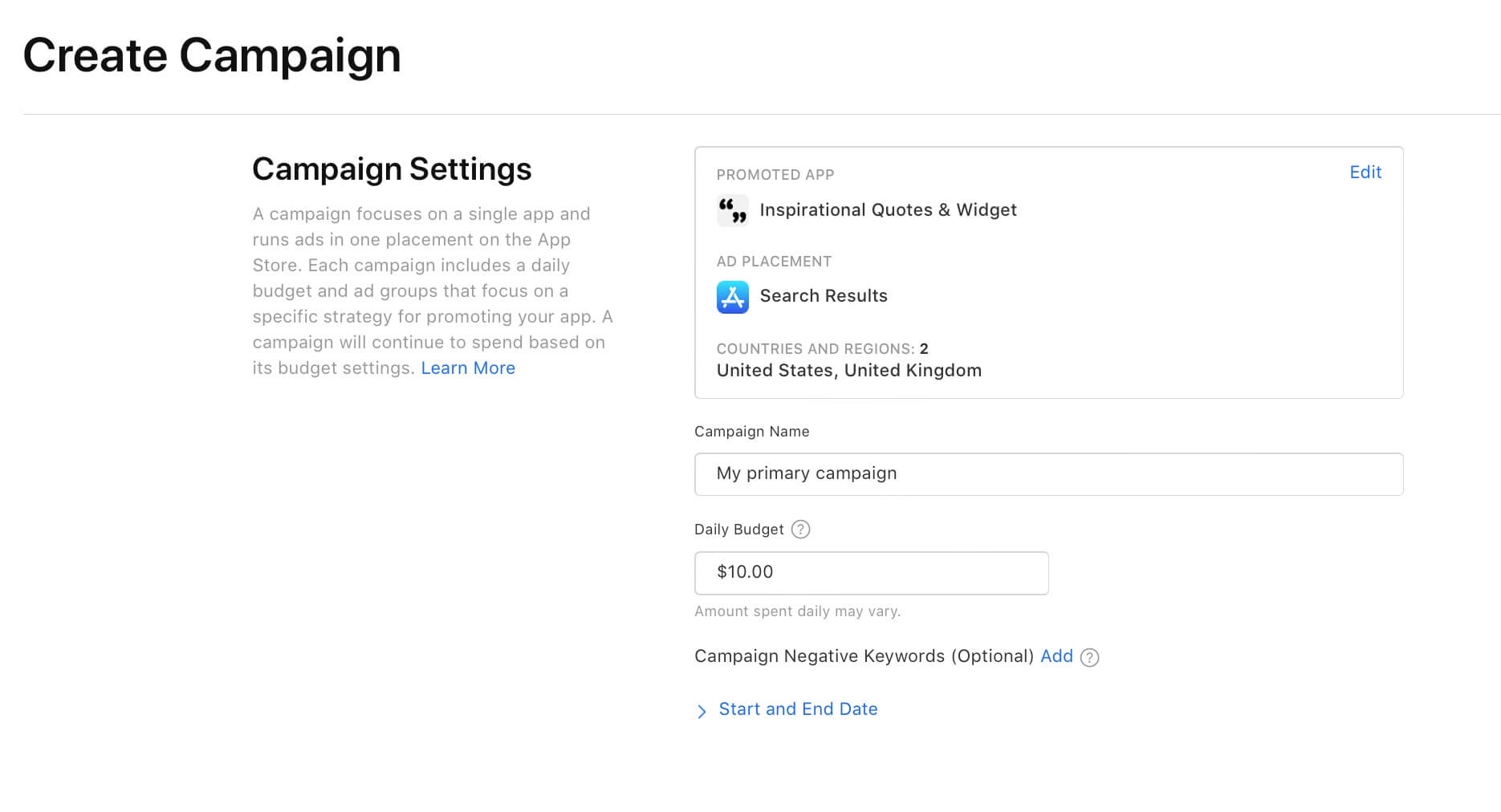 Apple Search Ads - campaign budget