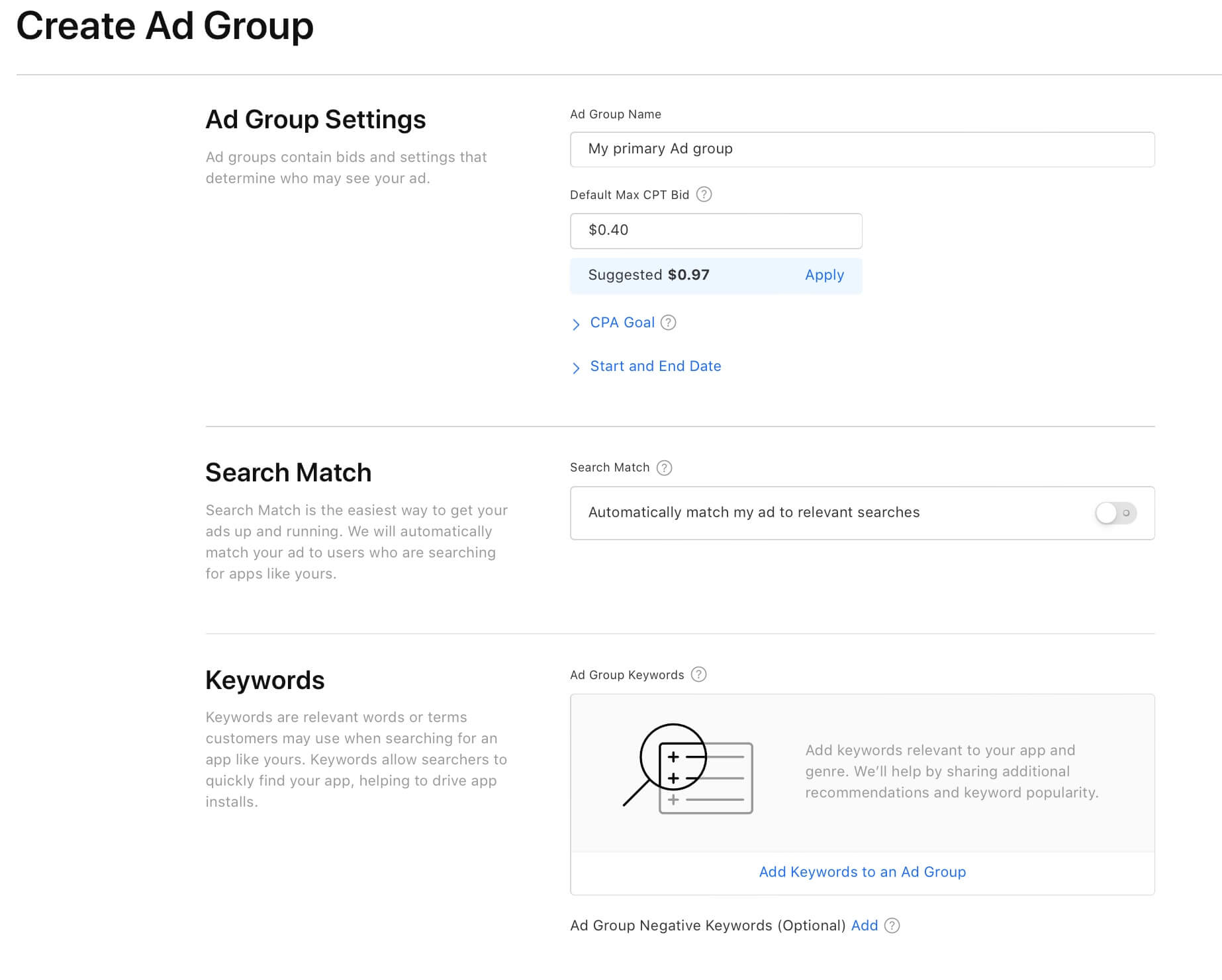 Apple Search Ads - default max cpt bid