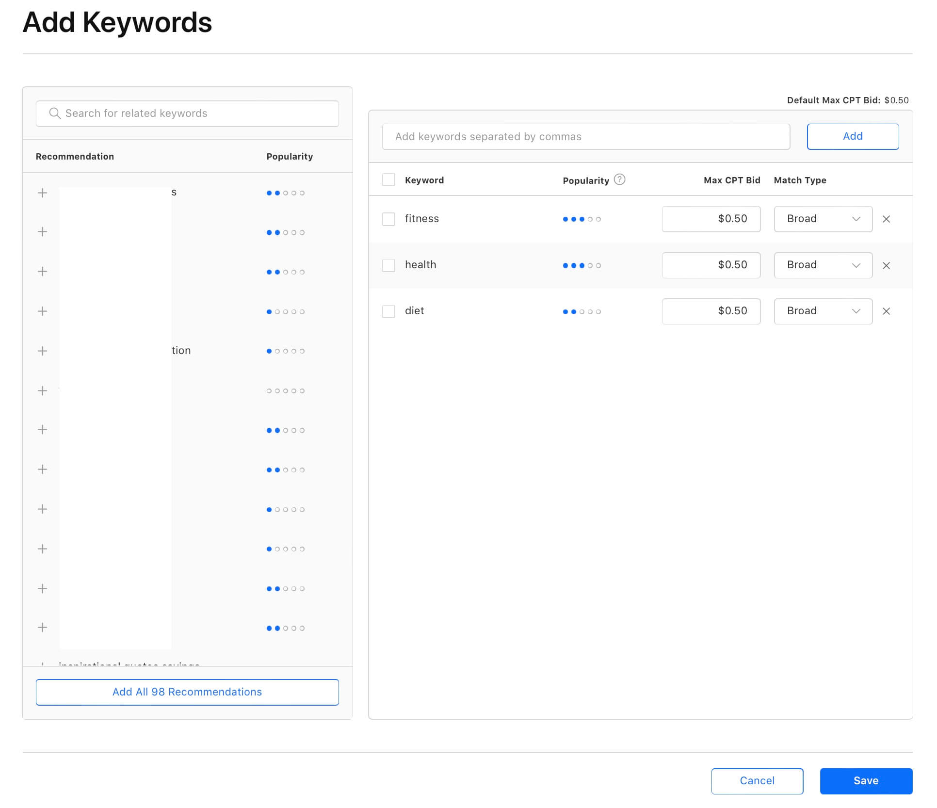 Apple Search Ads - discovery campaign keywords
