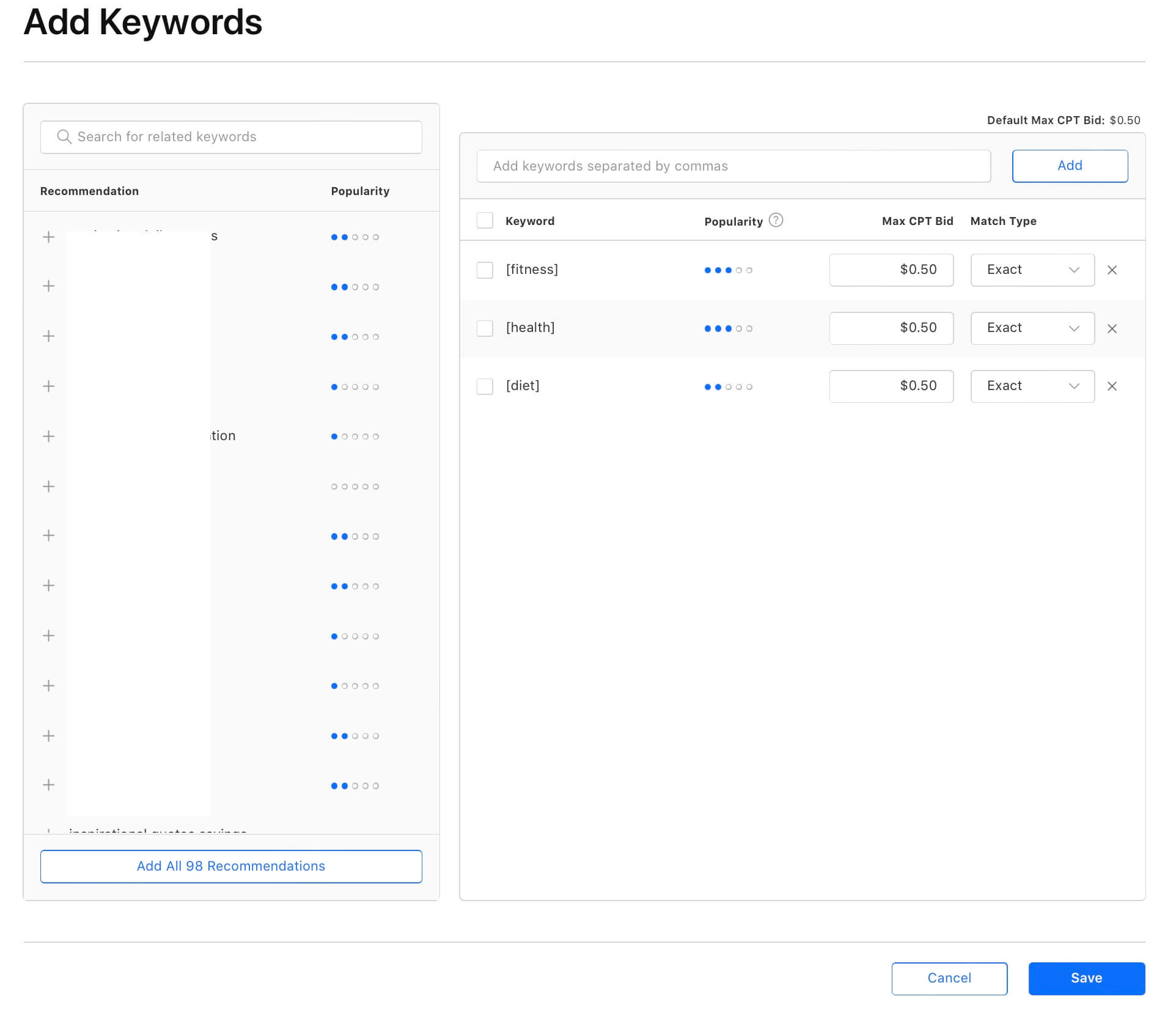 Apple Search Ads - adding keywords